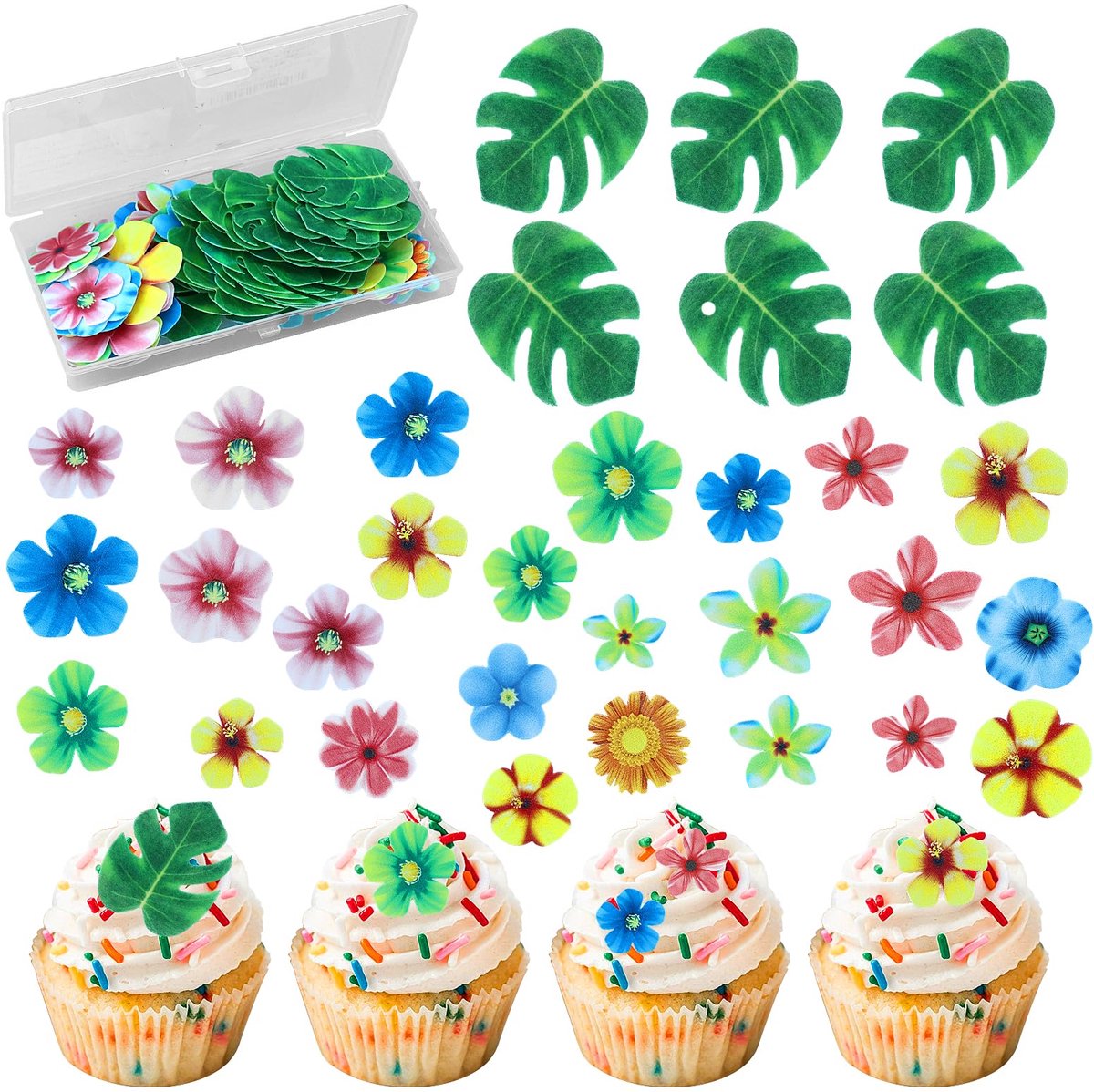 163 stuks tropische schildpadbladeren, cupcake-toppers, eetpapier, taartdecoratie, bevat 35 eetbare bloemen en 128 stuks eetbare bladeren als cupcake-toppers, jungle, verjaardagsdecoratie voor Haw