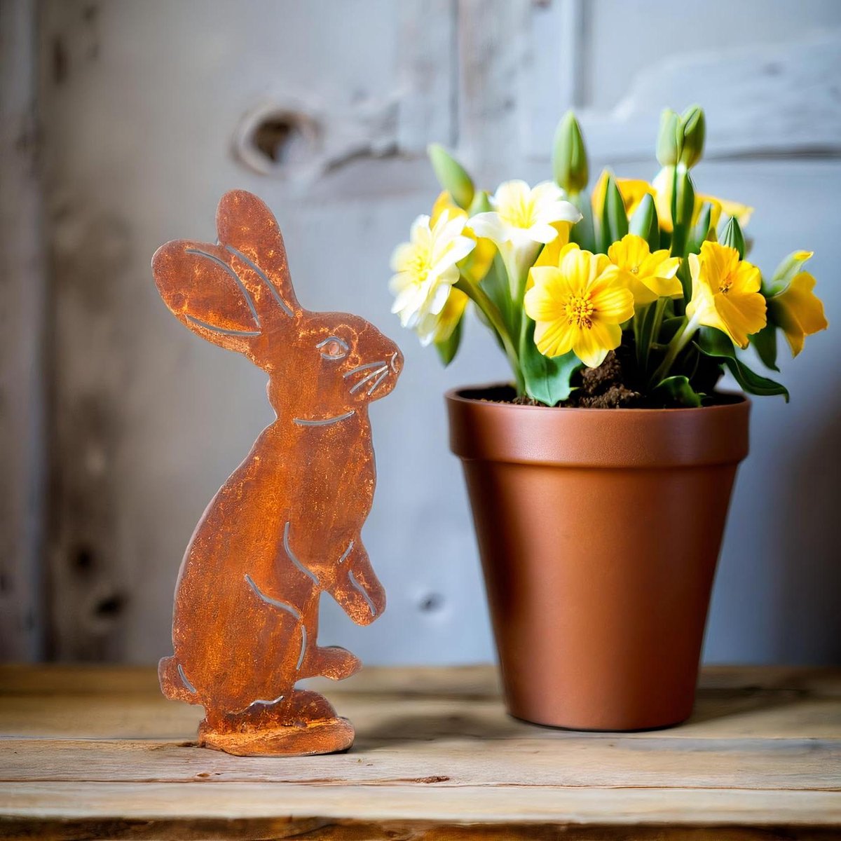 Paashaas Tuindecoratie - Metalen Haas - Tuin Aankleden - Roestige Patina - 25 cm Hoog - Roestbruin