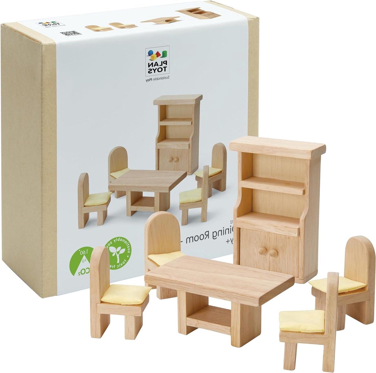 Poppenhuis Eetkamer Set - Poppenhuis Meubels - Kinderspel - Duurzaam Rubberhout - 399 x 899 x 156 cm - Wit Geel