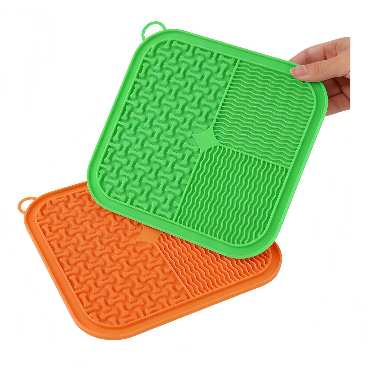 2 stuks Slow Feeder Licky Matten voor katten en honden, zachte siliconen, sterke zuignap, multifunctionele scheidingswanden om angst te verlichten. (Oranje en Groen)