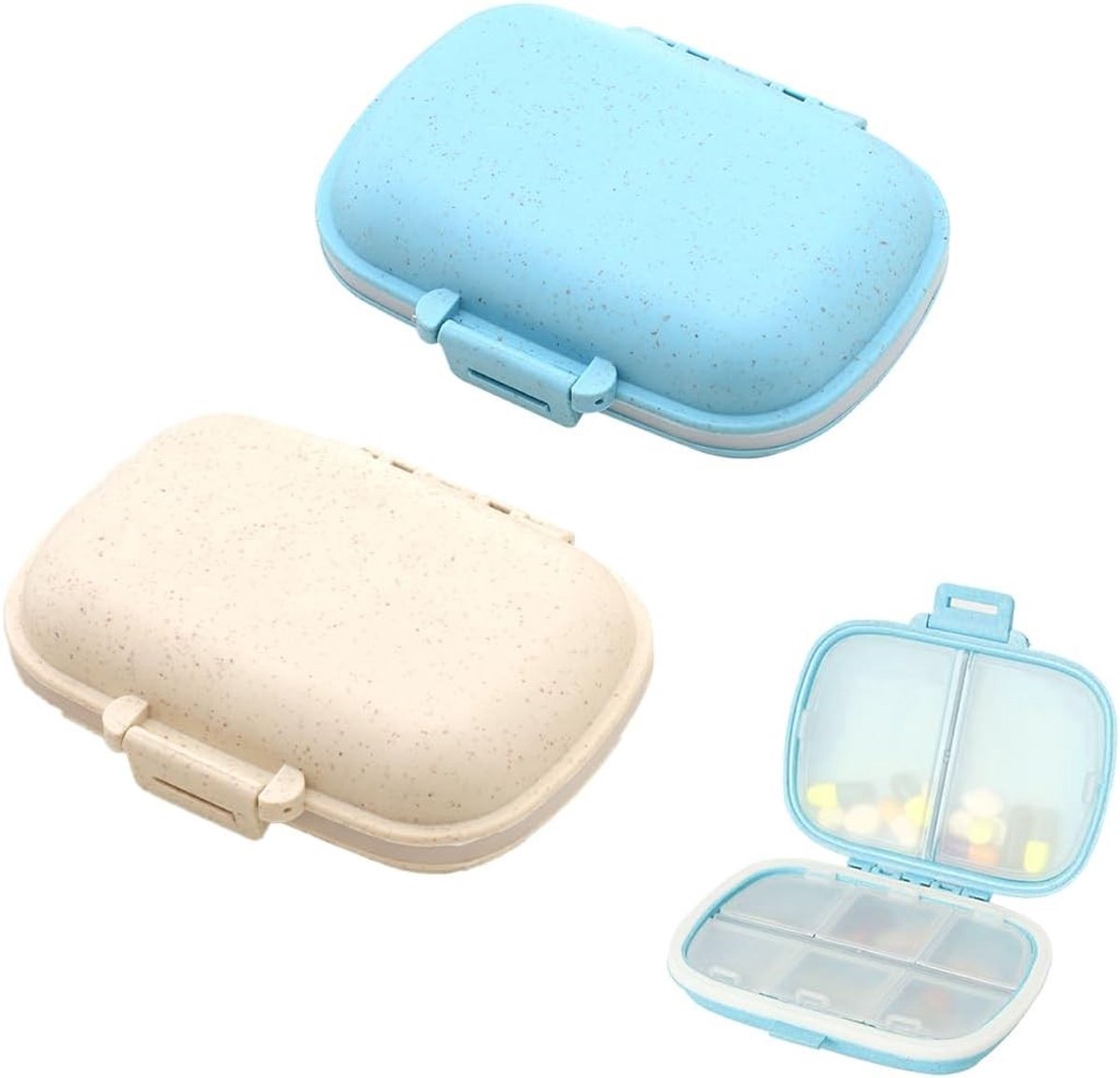 Allecta- Pillendoos - Vochtafstotende - Milieuvriendelijk tarwestro - 2-pack - 7-daagse - 8 compartimenten - Kleine en draagbare - Medicijndoos - Onderweg en op reis