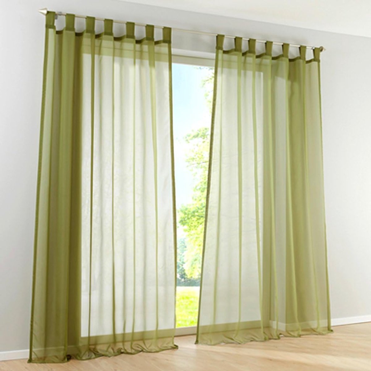 Voile gordijnen met riemlus, transparante gordijnen, voor raam en balkon, van tule, breedte 140 cm, polyester, donkergroen, hoogte 225 cm, 2 stuks