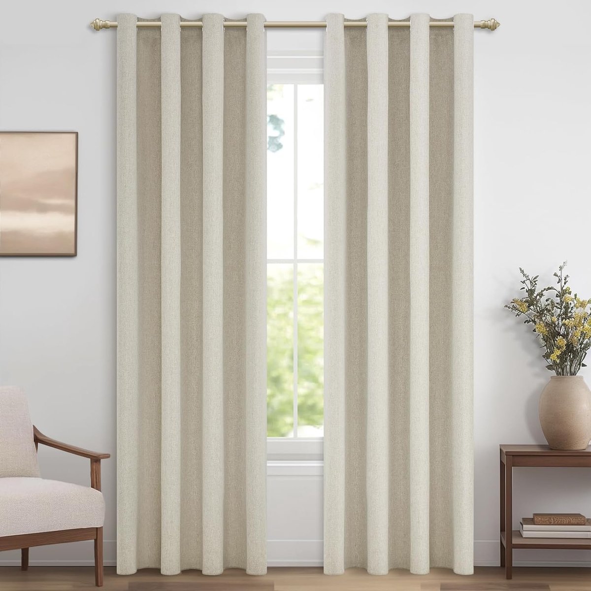 100% verduisteringsgordijn, ondoorzichtig, linnenlook, gordijnen met ringen, set van 2, 230 x 140 cm (h x b), verduisterende gordijnen voor slaapkamer en woonkamer, natuurlijke kleuren