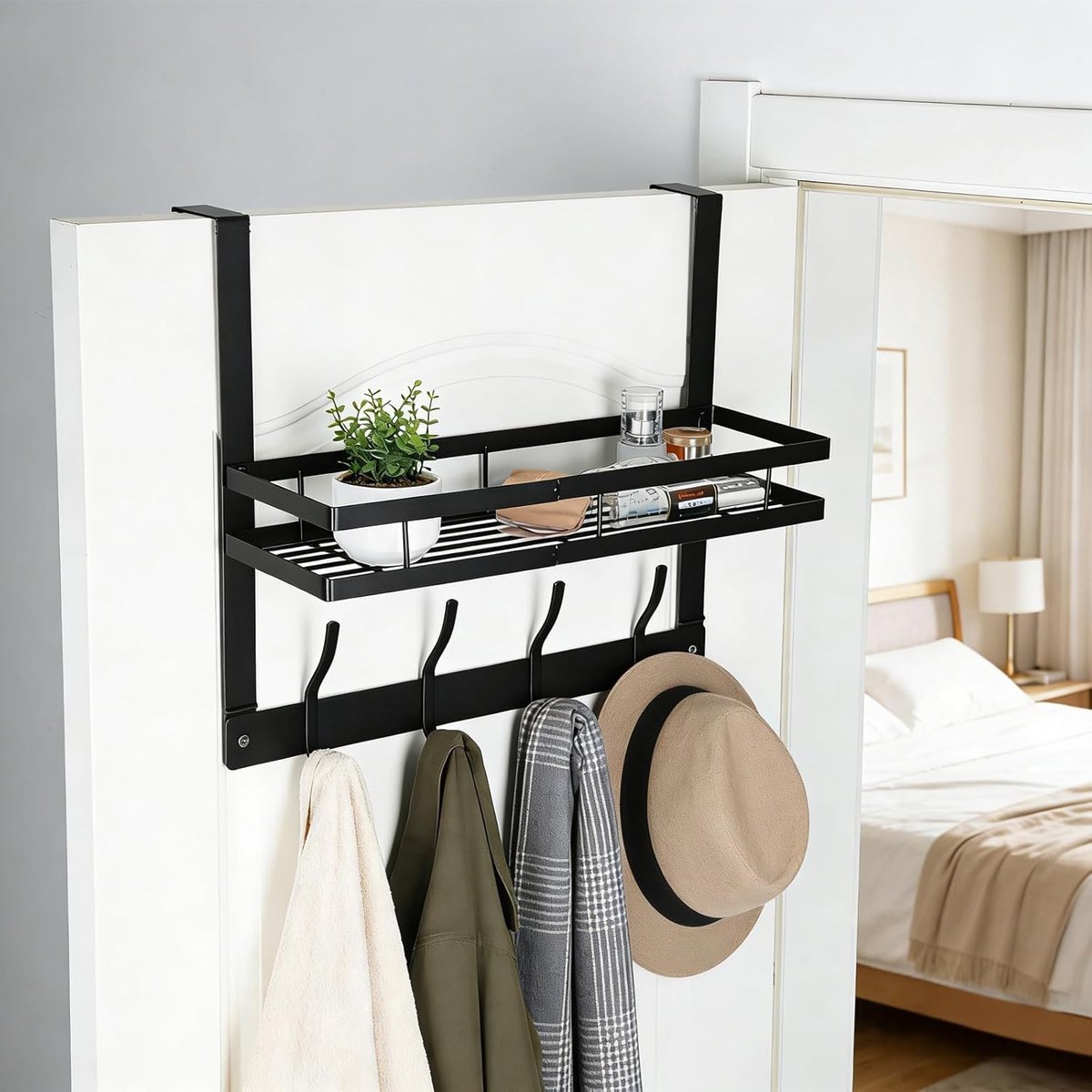 Deurhaken organizer, kapstok over de deur opberghanger met mand, achterkant van deurhanger voor keuken, badkamer, slaapkamer, zwart