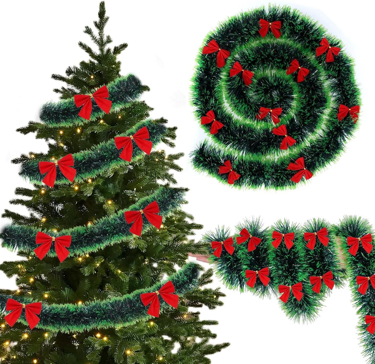 groen met rode strikken, dennenslinger, groen, slinger Kerstmis, deurslinger, kerstdecoratie voor advents, outdoor, thuis, deurkozijn, tafel, trapleuning, kerstboom (C)