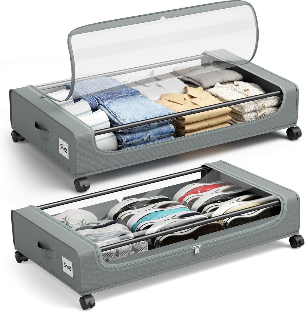 Opbergcontainers voor onder het bed met wielen, 2-pack, grijs, industriële/utilitaire stijl, 31,5 inch L x 16 inch B x 6 inch H, 50 L capaciteit elk, opbergbakken voor onderbed