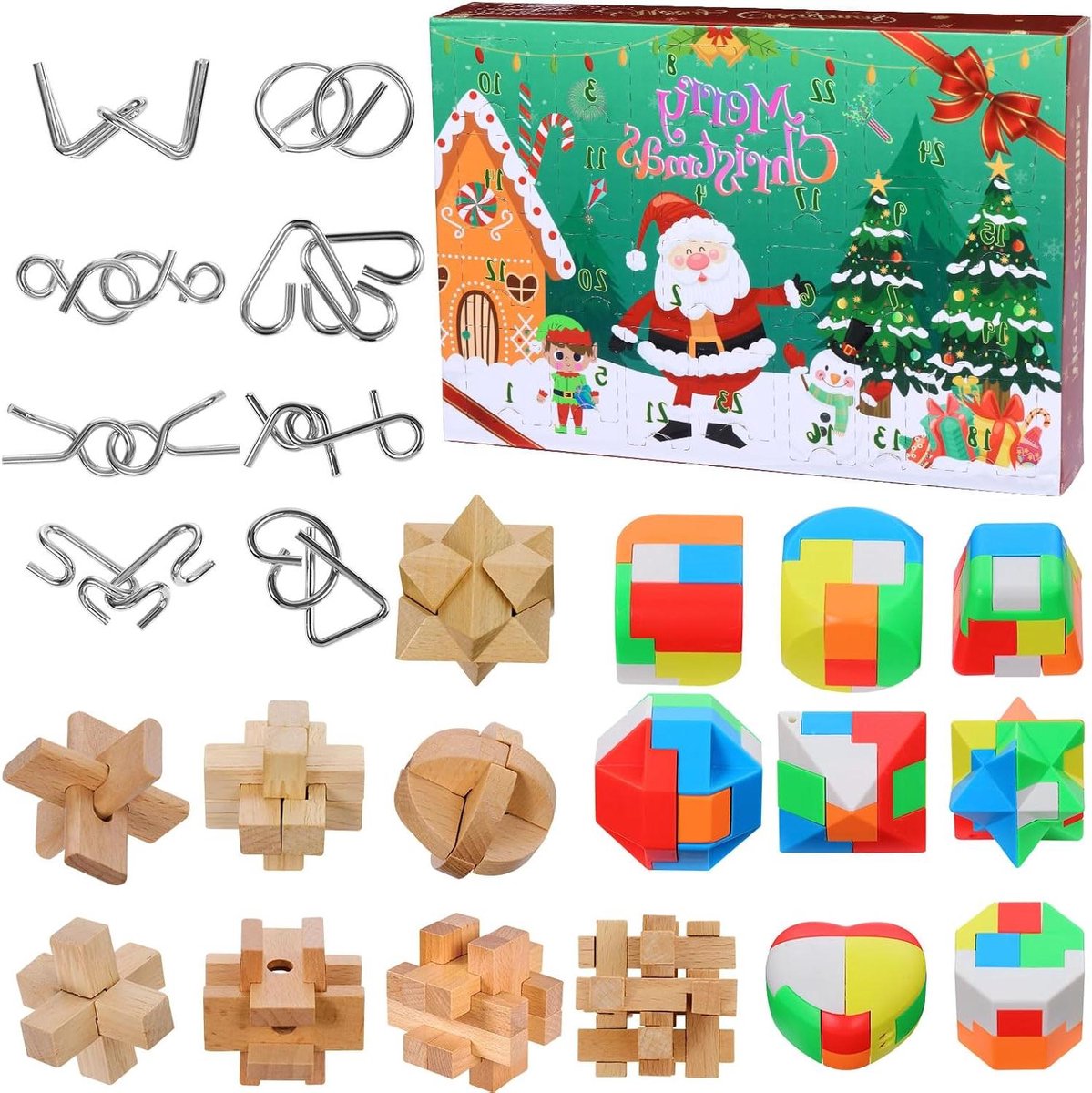 Kerst Adventskalender - Puzzel Kalender - Gezinspret - 24 Dagen Puzzels - 32.79 x 22.7 x 5.4 cm - Stijl 1