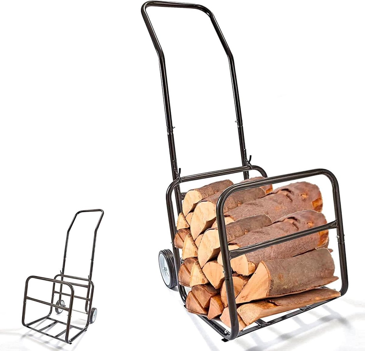 Brandhout Rek - Houtkar Houtkachel - Haardhout Opslag - Afneembare Trolley - 114 x 62 x 44 cm - Zwart