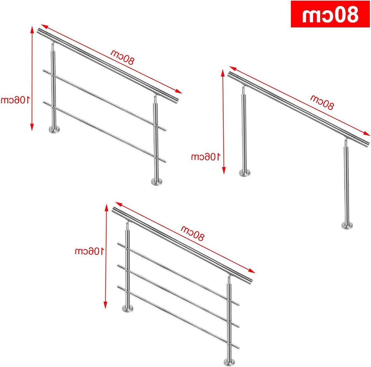 Trapleuning Roestvrij staal - Traphek Balustrade - Veilig Traplopen - Met 2 Dwarsbalken - 80 cm - Geborsteld
