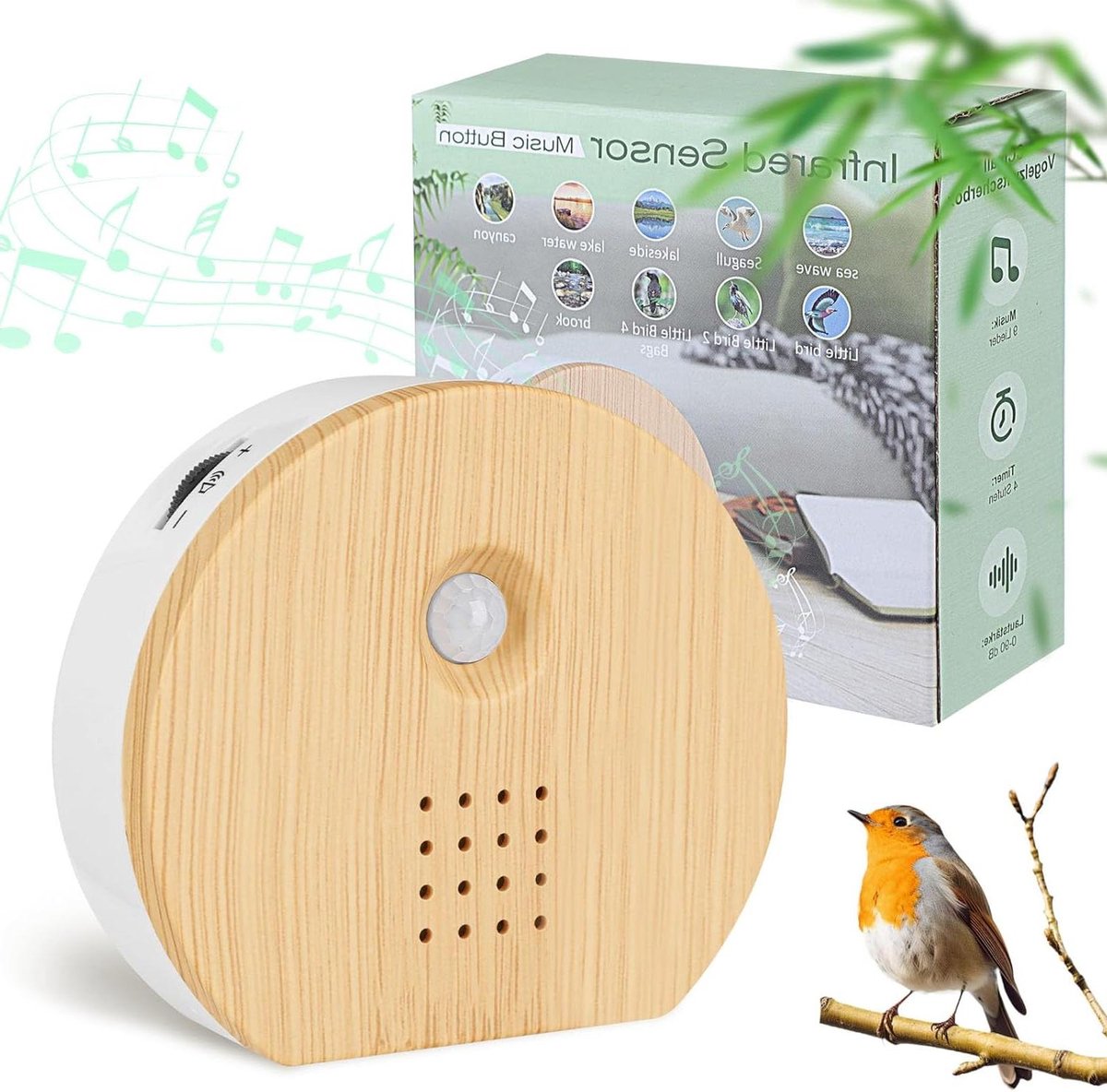 Geluidsbox Vogels - Natuurlijk geluid - Ontspanning creëren - Bewegingssensor - 10 cm - Houtnerf