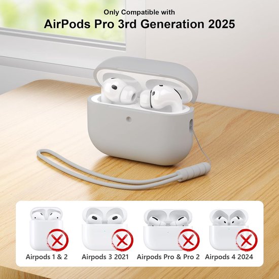 Hoesje compatibel met AirPods Pro 3 hoesje, schokbestendig, valbescherming, krasbestendig, siliconen hoes voor AirPods Pro 3e generatie met reinigingsset en koord, grijs van hoesje — afbeelding 5