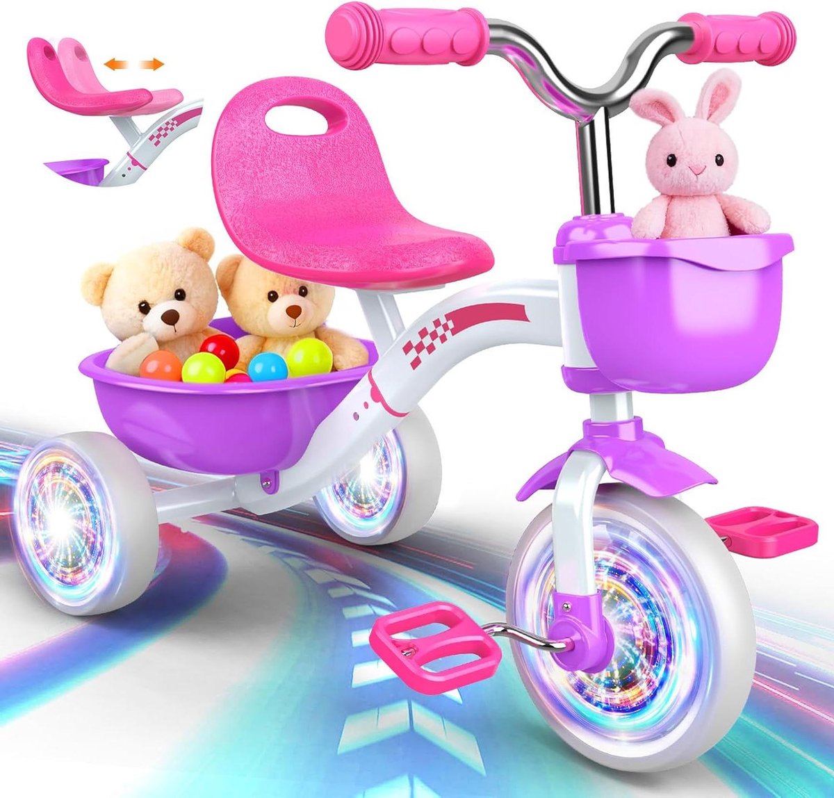 Driewieler voor Kinderen - Loopfiets Evolutie - Buiten Spelen - Met Lichtgevende Wielen - Tot 35 kg - Roze Paars