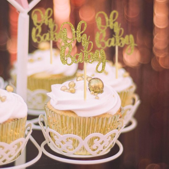 24 Stuks Oh Baby Cupcake Toppers, Glitter Cake Toppers Oh Baby Cupcake Prikkers Jongen of Meisje Thema Cupcake Toppers Baby Shower Cupcake Decoraties voor Kinderfeestjes (Goud) — afbeelding 5