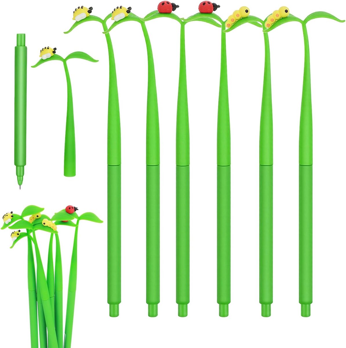 6 stuks schattige lieveheersbeestjes balpennen siliconen blad gelpennen bloemen en insecten pennen voor school kantoor cadeau voor scholieren (0,5 mm, zwarte inkt)