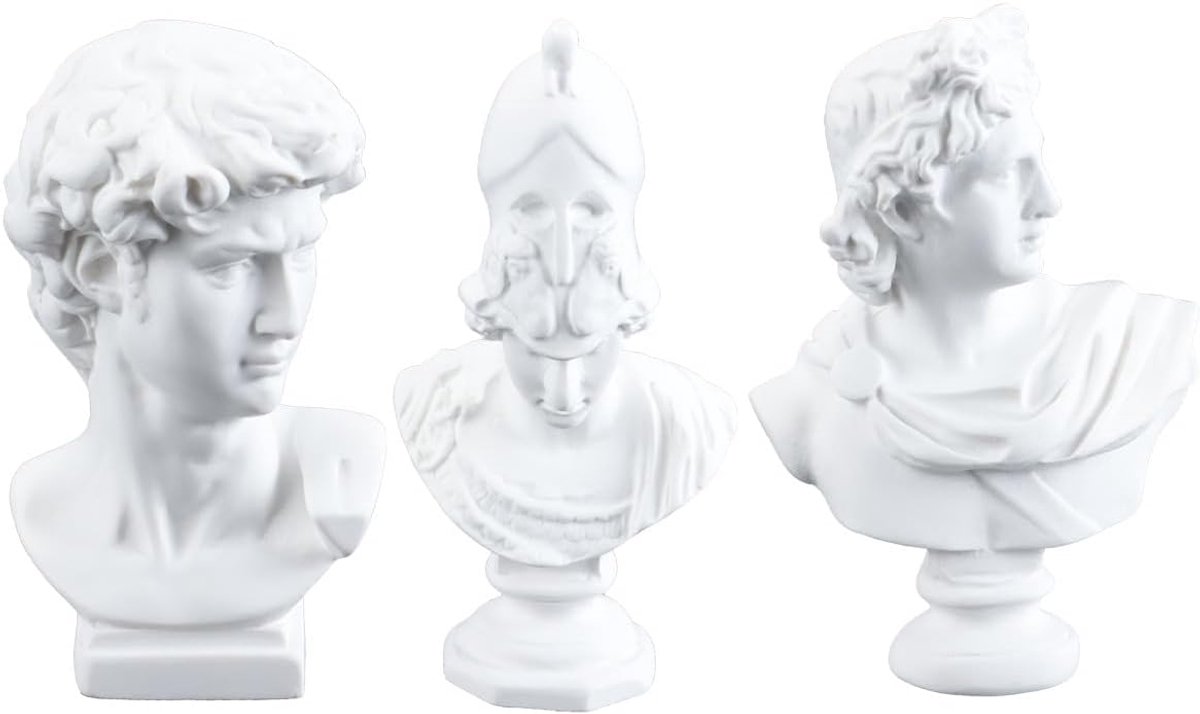 Set van 3 x Grieks hoofdbeeld Klassieke Griekse figuur Portretbuste Beeldjes Gipssculptuur Athena-beeld Hars Apollo-beeldje Ornamenten Schets Oefengod Buste Griekenland