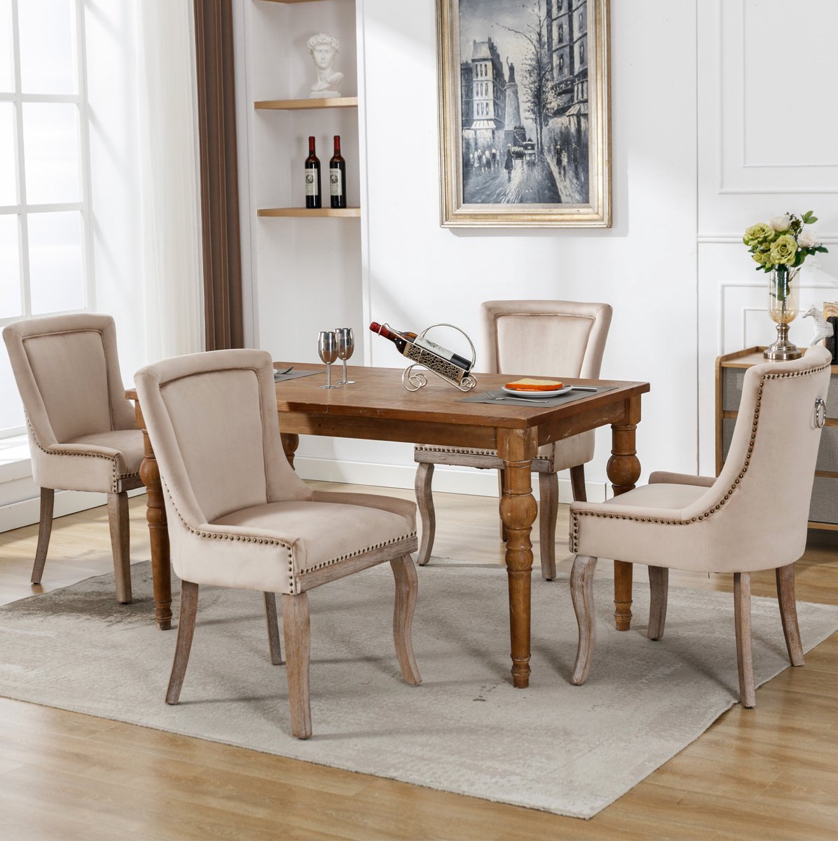 DESMIU Eetkamerstoel – Normale Eetkamerstoel – Set Van 4 – Gestoffeerd Met Nagelkopdetails En Hoge Rugleuning – Voor Eetkamer En Woonkamer – Velvet Beige