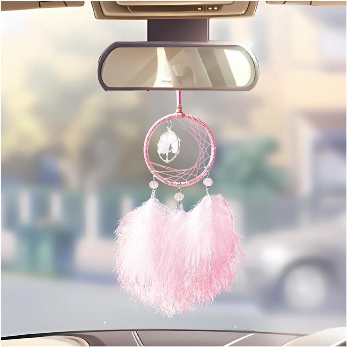 Dromenvanger Auto Decoratie - Auto Ornament Spiegel - Interieur Personaliseren - Met Glazen Kralen - 18 cm - Roze