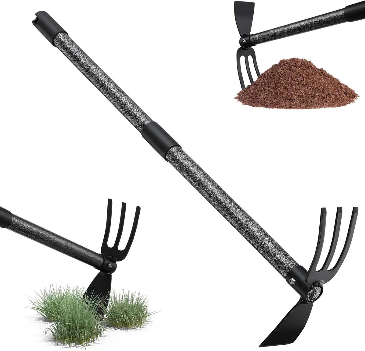 Tuinhak met steel - Onkruidsteker plantenhaak - Bodem losmaken luchten - Dubbele hak 3 tanden - 76 cm - Metaal