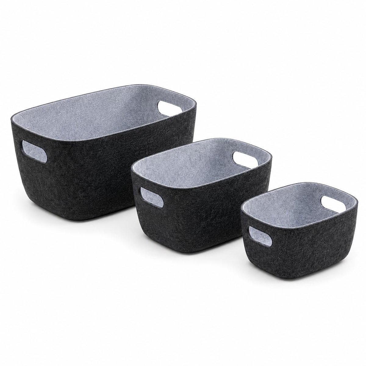 Opbergmanden, set van 3, stabiele decoratieve manden van polyester, donkergrijs/lichtgrijs met handgrepen, vormvaste opbergdozen voor woonkamer, badkamer en kinderkamer