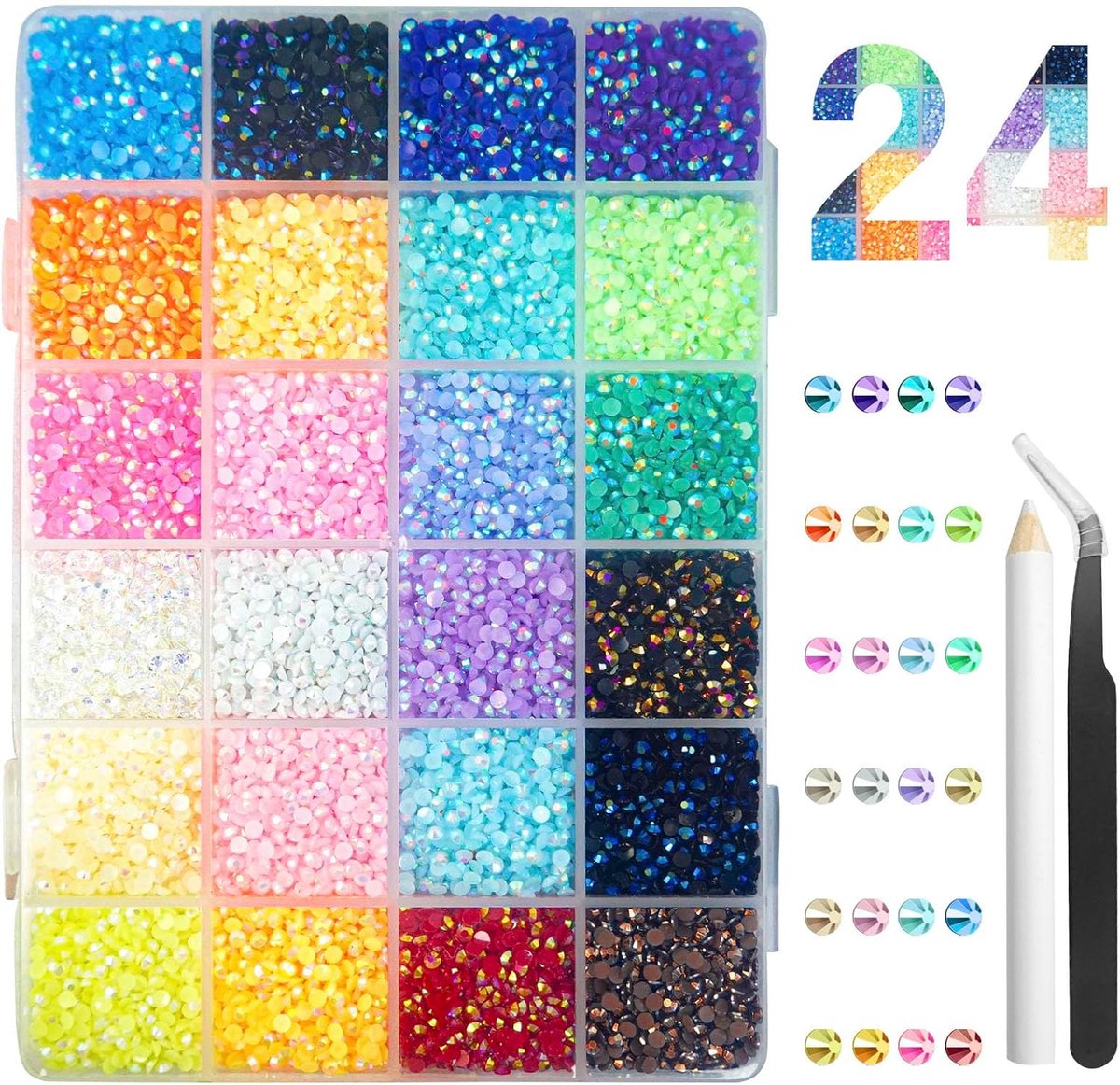 Strassteentjes met platte achterkant, 24 kleuren, kleurrijke kleine ronde glitteredelstenen, kunsthars, 3 mm, diamanten, decoratie voor doe-het-zelf nagels, handwerk, met pincet en wasstift
