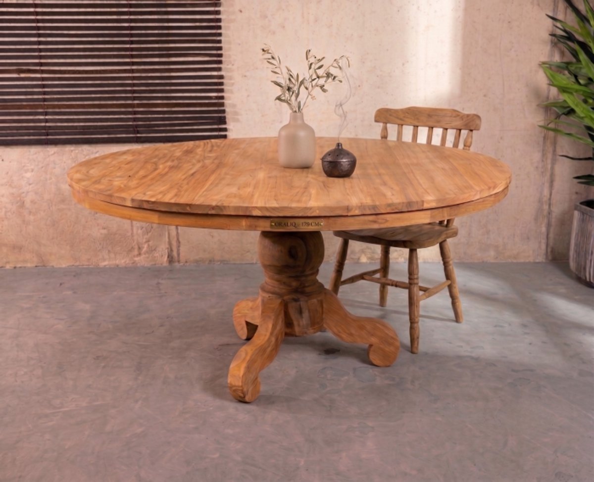 Meubelplaats Ronde Eettafel Teakhout met Bolpoot Bali Ø140x78 cm - Massief Hout - Elegante