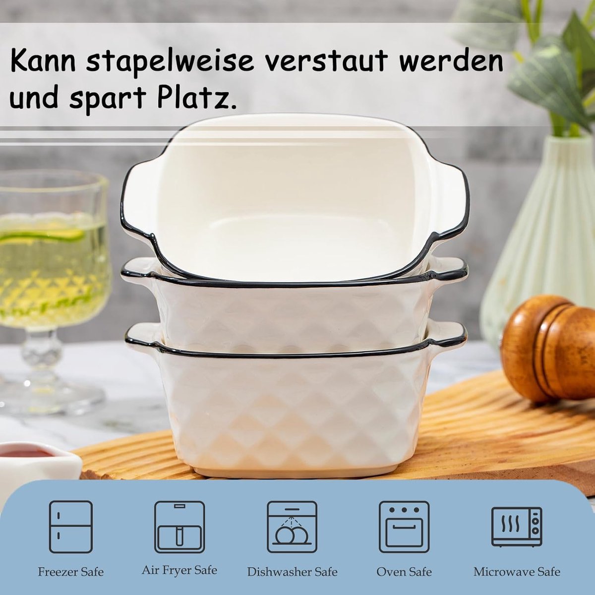 Keramische Ovenschaal - Mini Bakvorm - Porties Bereiden - Set van Vier - 12 x 12 x 5.5 cm - Wit — cadeau in Kookcadeaus - foto 2