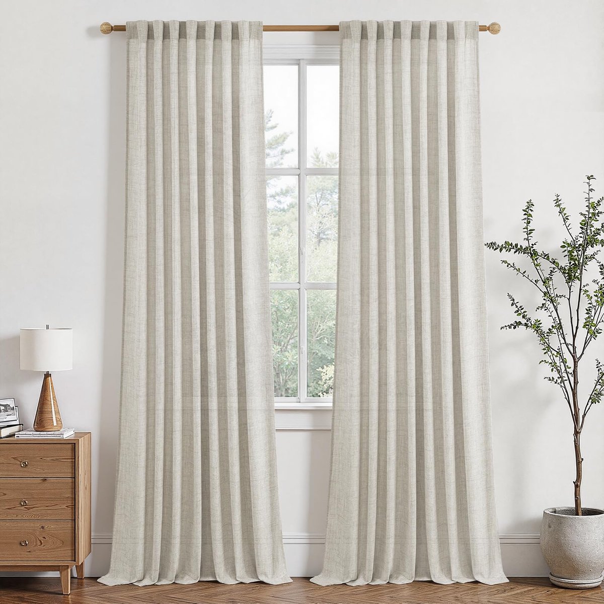 Gordijnen linnenlook landhuisstijl voor woonkamer slaapkamer voile gordijnen halftransparant gordijn met stangdoorgang gordijnen set van 2 H 260 x B 140 cm, linnen gordijn