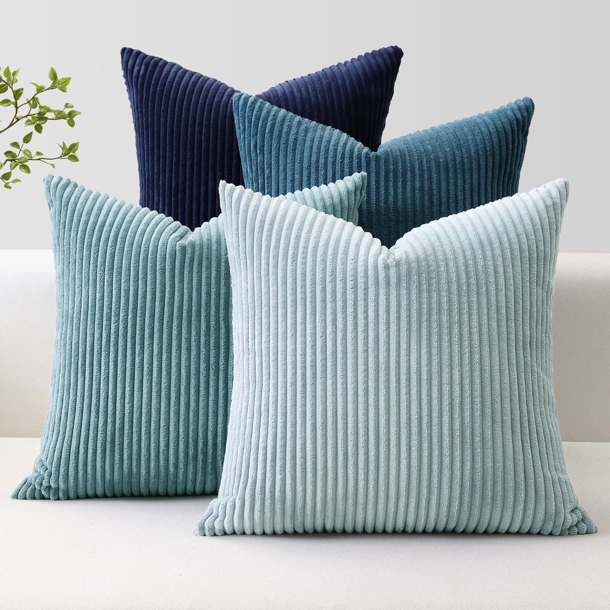 Zacht gestreepte kussenslopen 40 x 40 cm, set van 4, corduroy, boho, decoratieve kussenslopen, vierkante kussensloop, bank, woondecoratie kussenslopen voor bank slaapkamer (Blue Navy Serie)
