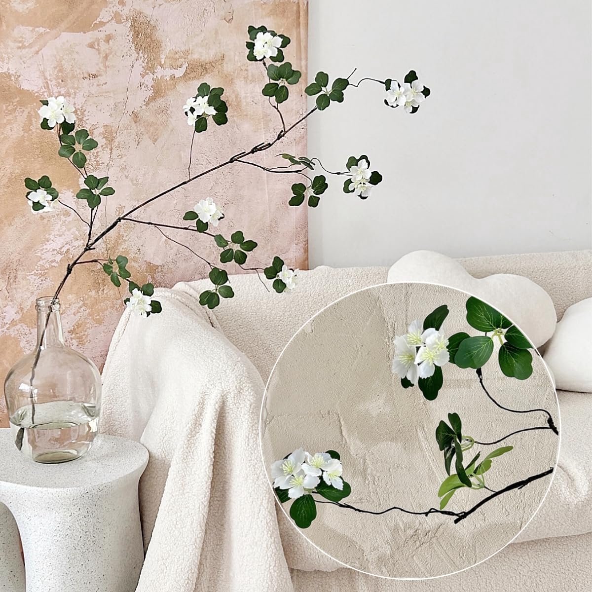 Kunstplanten met witte bloemen, 115 cm, groene planten, takken, kunstplanten, lange stelen, ficusbladeren, voor vazen, thuis, kantoor, hotel, bruiloftsfeest, tuindecoratie (4)