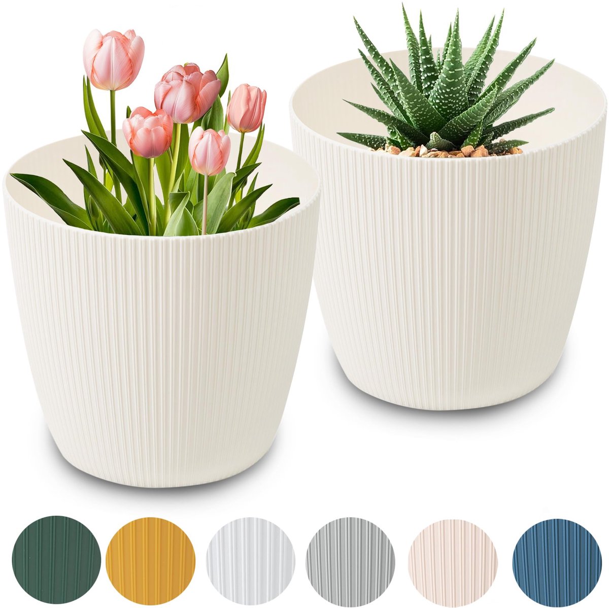 bloempot mat, plantenbak van decoratieve plastic overpot, set van 2 bloempotten voor groot en klein, set van 2 plantenbakken, kruidenpot (2-pack) crème, Ø 16 cm