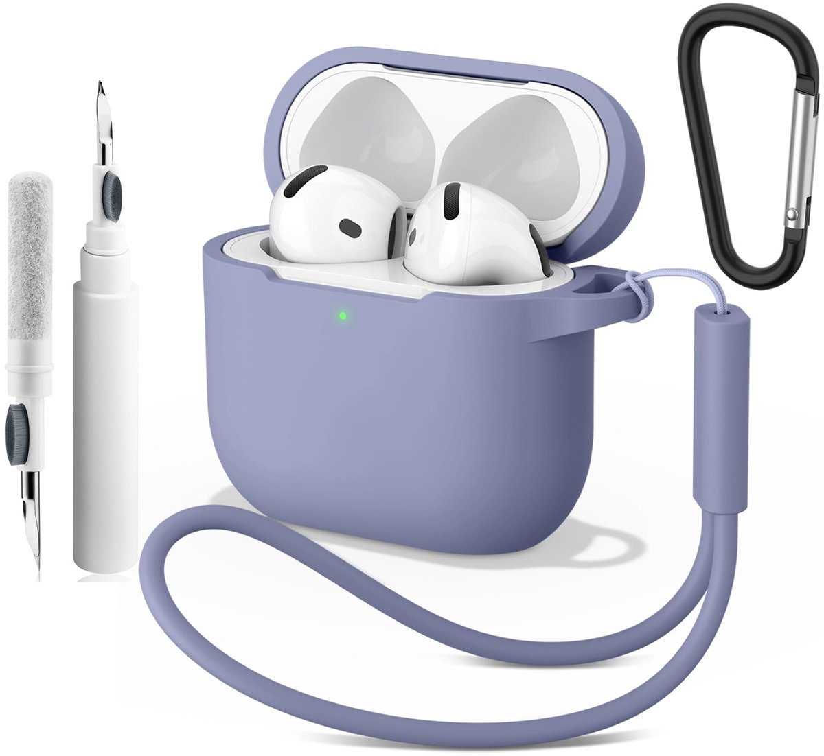 hoes voor AirPods 4 (2024) met reinigingsstift en karabijnhaak en koord, 2 mm dunne hoes, stootvast, krasbestendige beschermhoes, 4-in-1 kit Air Pods 4e generatie case accessoires