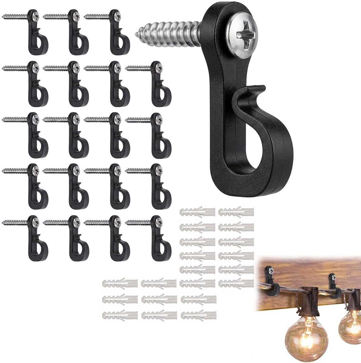 kunststof haken, ABS, zwart, 20 stuks, praktisch ophangsysteem voor plantenmanden, lichtkettingen en wanddecoraties, eenvoudig te installeren en veelzijdig