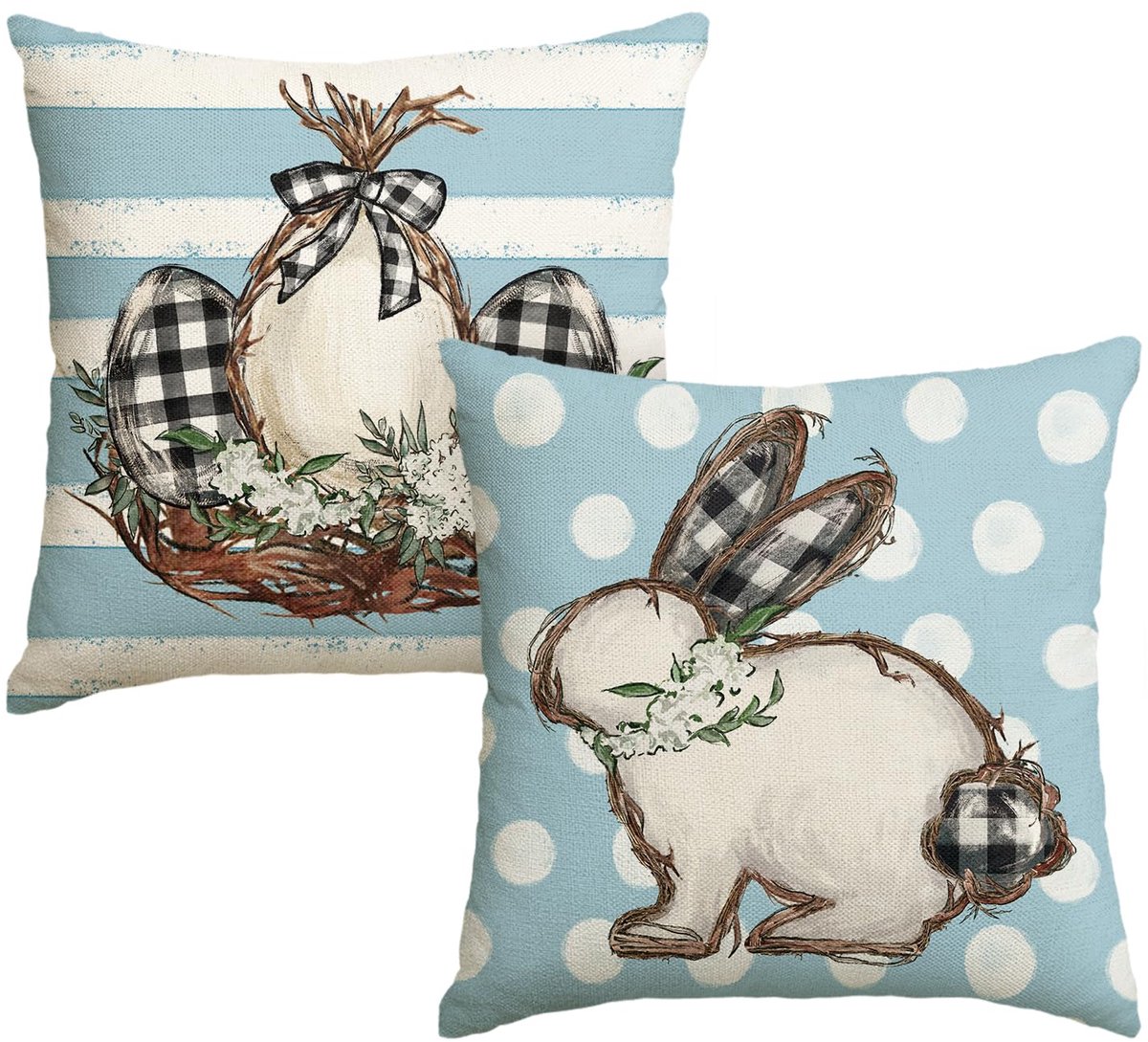 Mode Set van 2 decoratieve kussenslopen met stippen en hazen, 50 x 50 cm, voor bank, woonkamer