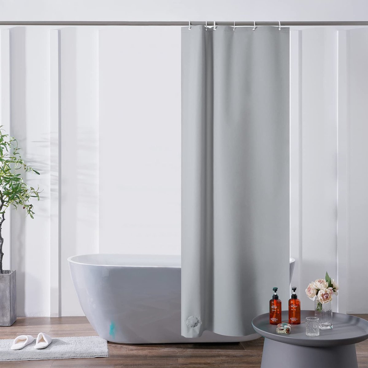 Douchegordijn Smal voor Hoekdouche Kleine Bad Eva Badgordijn Bestand Waterdicht 100x200 Beige met 6 Douchegordijnen Huis met Stenen.