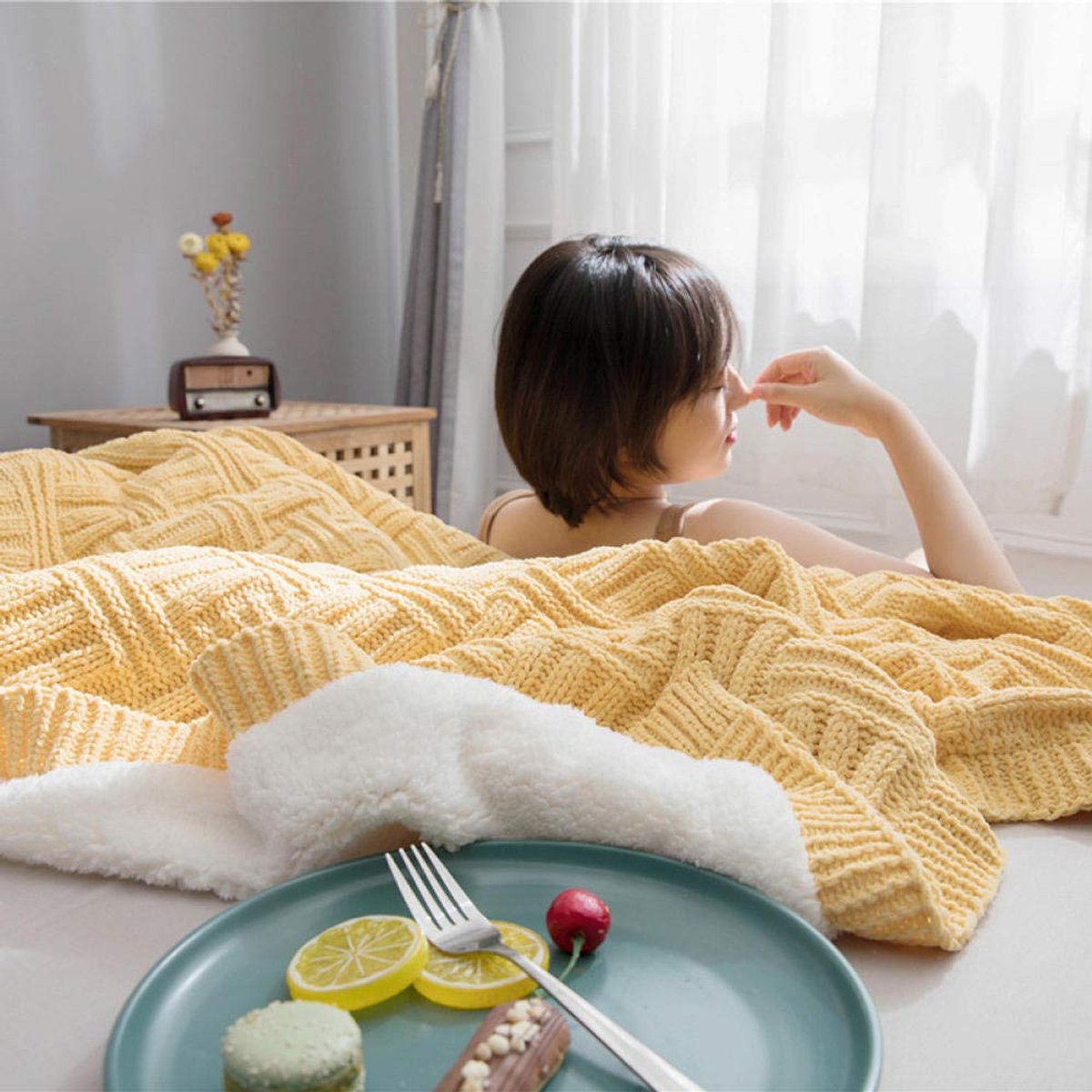 fleece werpdekens Reisformaat - Superzachte donzige warme stevige bedspreien voor bank Microfiber deken -Gans geel_150x200cm