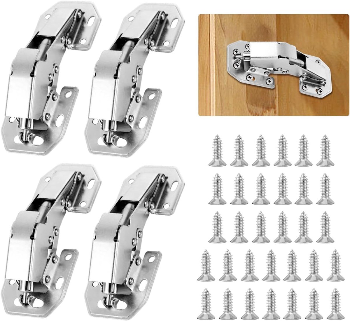 scharnier, 4 stuks softclose opschroefscharnier met scharnierschroeven, 90° kastscharnieren 104 × 32 mm met hydraulische demping en 32 schroeven, voor keukenkast, meubels, kastdeur