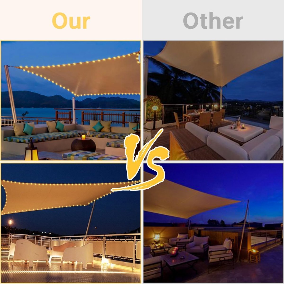 Waterdicht zonnezeil, 3 x 4 m, met ingebouwde led-lichtketting op zonne-energie, 98% uv-bescherming, scheurbestendig, weerbestendig, voor terras, tuin, terras, gazon (beige)