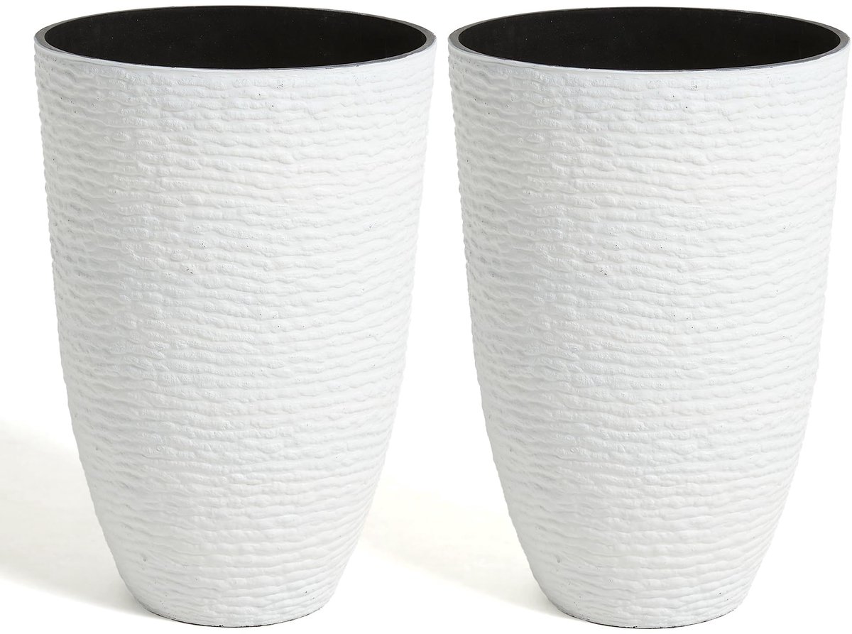 52 cm grote plantenbak 2 stuks - 35,5 cm diameter hars voor bomen bloempotten binnen- en buitengebruik, imitatie stenen afwerking plantenbakken voorveranda patio decoratief wit