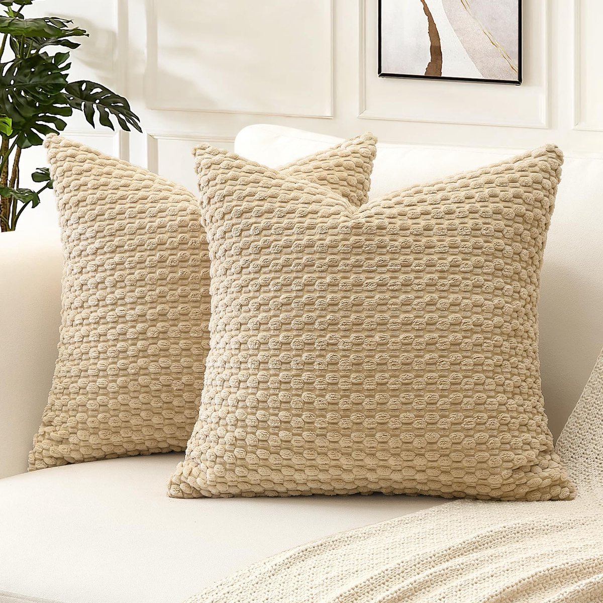 Pom Poms Decoratieve corduroy kussenslopen 50x50cm superzachte Boho gestreepte vierkante kussenhoes geometrisch voor sofa, bank, slaapkamer, autodecoratie, set van 2, lichtbruin