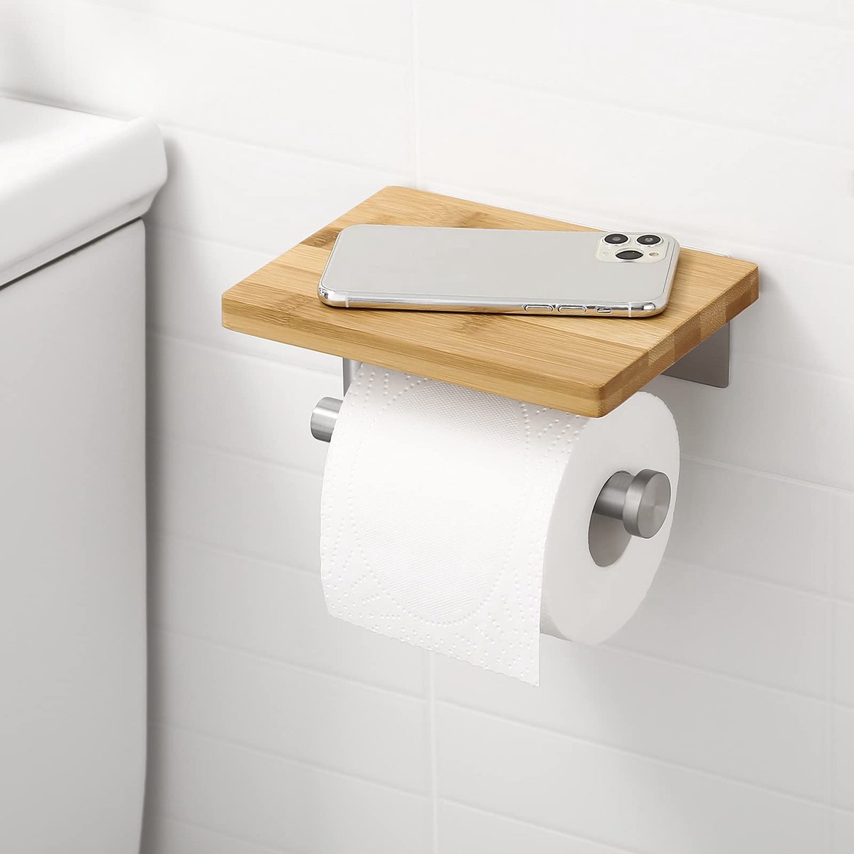 Toiletrolhouder met plank, zelf-adhseive, geborsteld roestvrij stalen toiletpapierhouder met bamboe plank wandmontage zonder boren, BPH220BADM-2