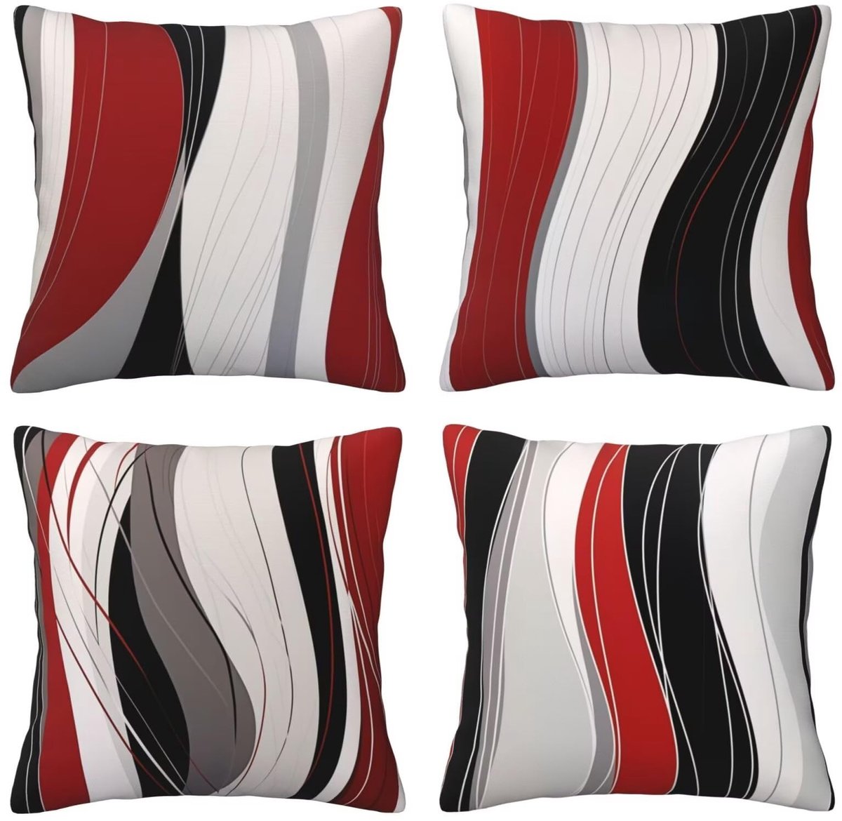 Set van 4 kussenslopen, 65 x 65 cm, gebogen, rood en grijs, kussenslopen, fluweel, zacht, groot, ademend, dubbelzijdig, bankkussen, vierkant, decoratie voor auto, huis, woonkamer, bank, slaapkamer