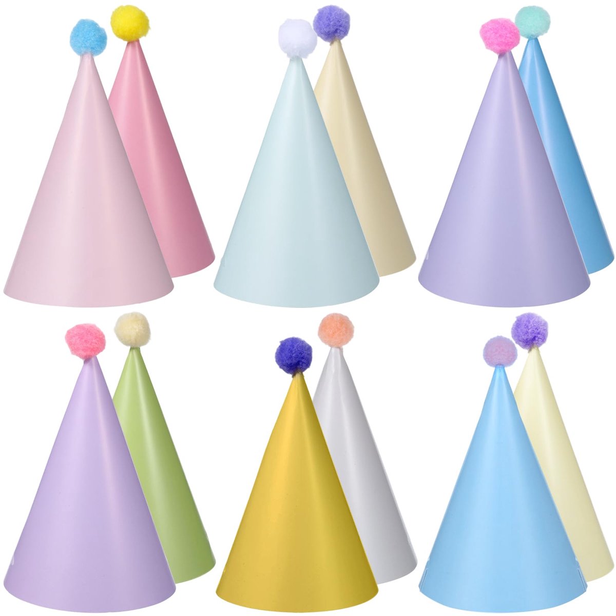 12 stuks verjaardagshoeden, pastelkleurige feesthoeden met pompons, kleurrijke kegelhoed voor volwassenen, kinderen, huisdieren, vieringen