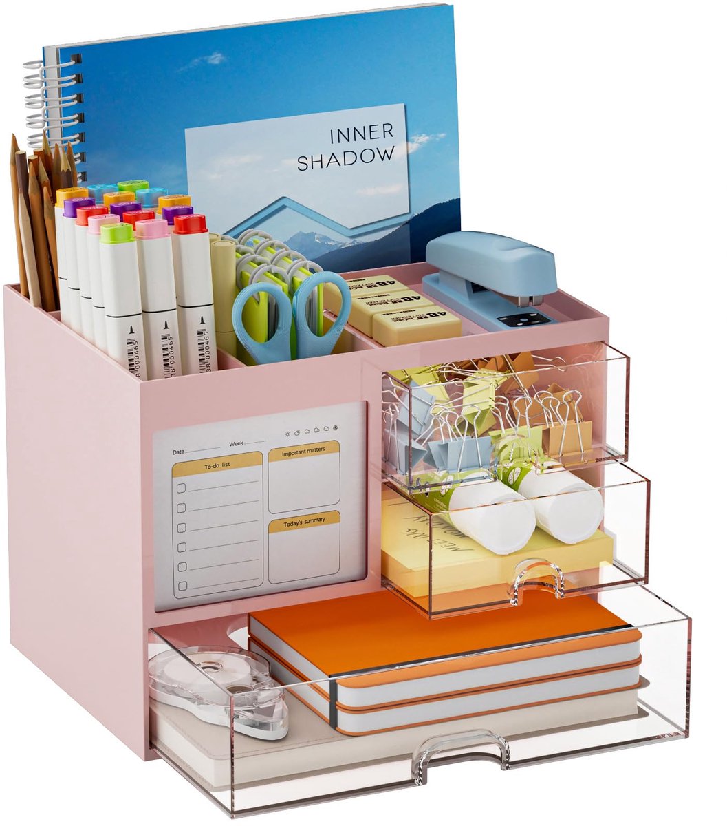 Bureau Organiser met 3 Lades,Grote Capaciteit Potloodhouder voor Bureau,Stationary Organiser met 4 Compartimenten en Accessoires,voor Kantoor,Thuis en School(Roze)