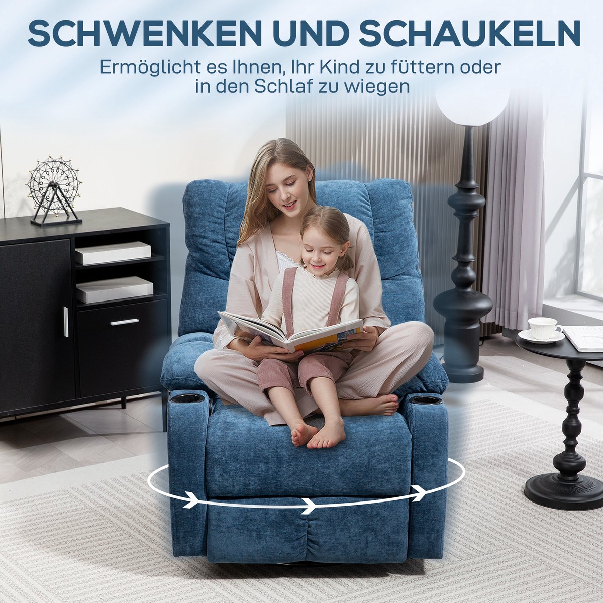 HAUSS SPOLE Relaxfauteuil Draaibaar En Schommelbaar Met Verstelbare Rugleuning En Voetsteun Voor Woonkamer En Ontspanning Blauw Stof Blue