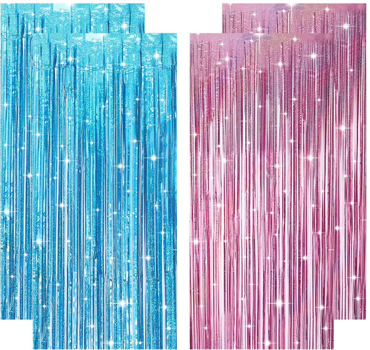 4 stuks Gender Reveal Party Decoratie Lametta Gordijn, Roze Blauw Glitter Gordijn Baby Party Decoratie, Verjaardagsdecoratie Glitter Gordijn Jongens of Meisjes Decoratie, Slangenslang Metallic