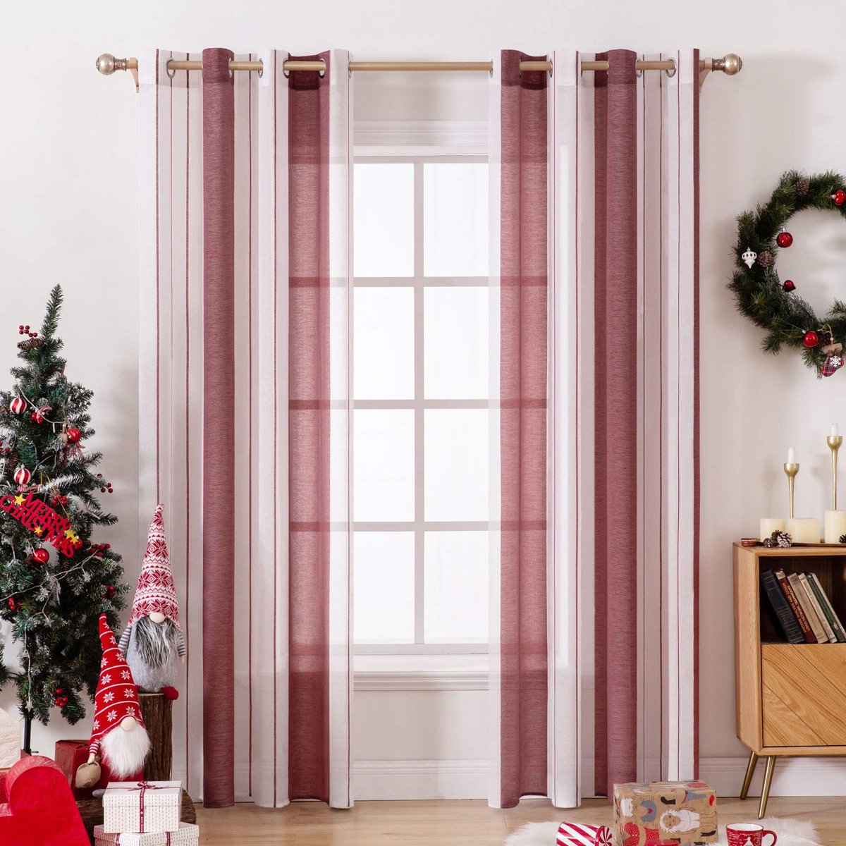 Gordijnen, transparant, voile met inslagringen voor woon- en slaapkamer, set van 2 stuks, 140 x 145 cm, rood gestreept