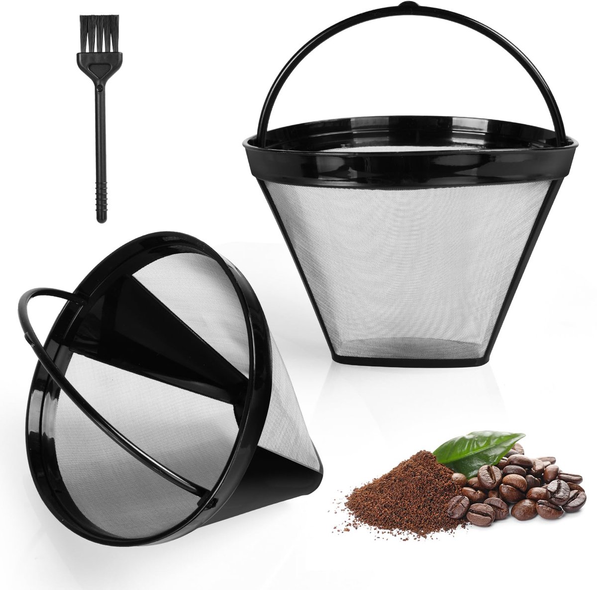 Aomig Herbruikbaar Koffiefilter 2-delige Set, Filtermaat 4, Universeel Vervangingsfilter voor Kegelfiltermanden(Zilver)