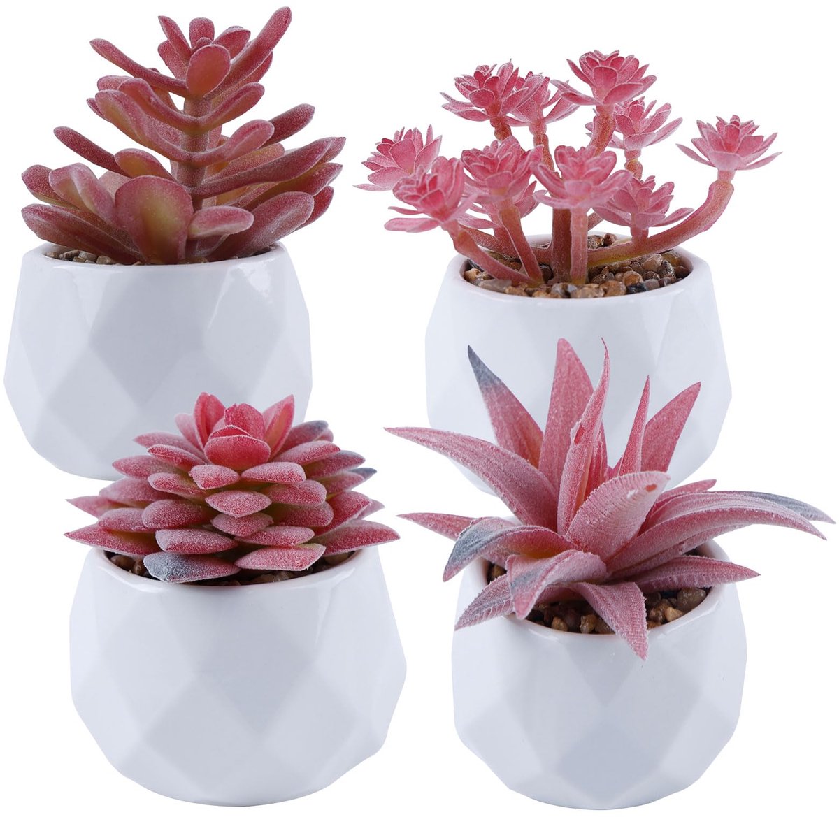 Kunstplanten in keramische pot, 4 stuks, kunstplanten, vetplanten, kleine kunstplanten, decoratieve planten voor woonkamer, slaapkamer, balkon, kantoor, kamer, roze