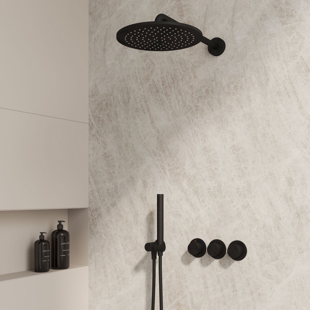 Complete 3-knops inbouw douchekraanset Sanitado Flack in mat zwart