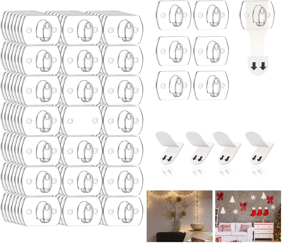 7-pack 140 haken indoor mini-lichtclips met plakstrips, schadevrij hangende kerstlichthaken, doorzichtige muurclips voor hangende lichten, kerstdecoratie en kabels, 140 clips en 140 strips